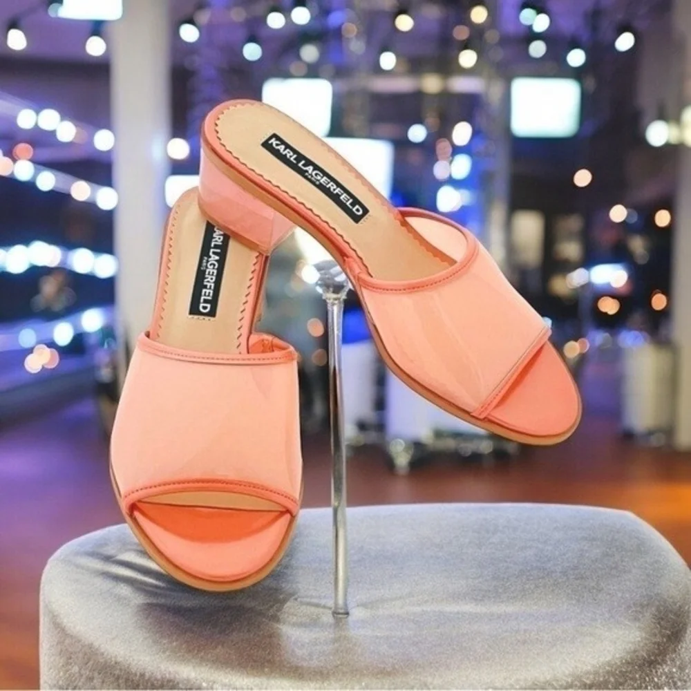 NIB KARL LAGERFELD Paris Coral Transparent Slip-On Block Heel Sandals Size 6